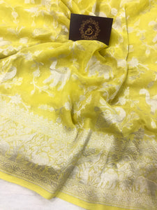 Lemon Yellow Khaddi Chiffon Georgette Banarasi Handloom Saree