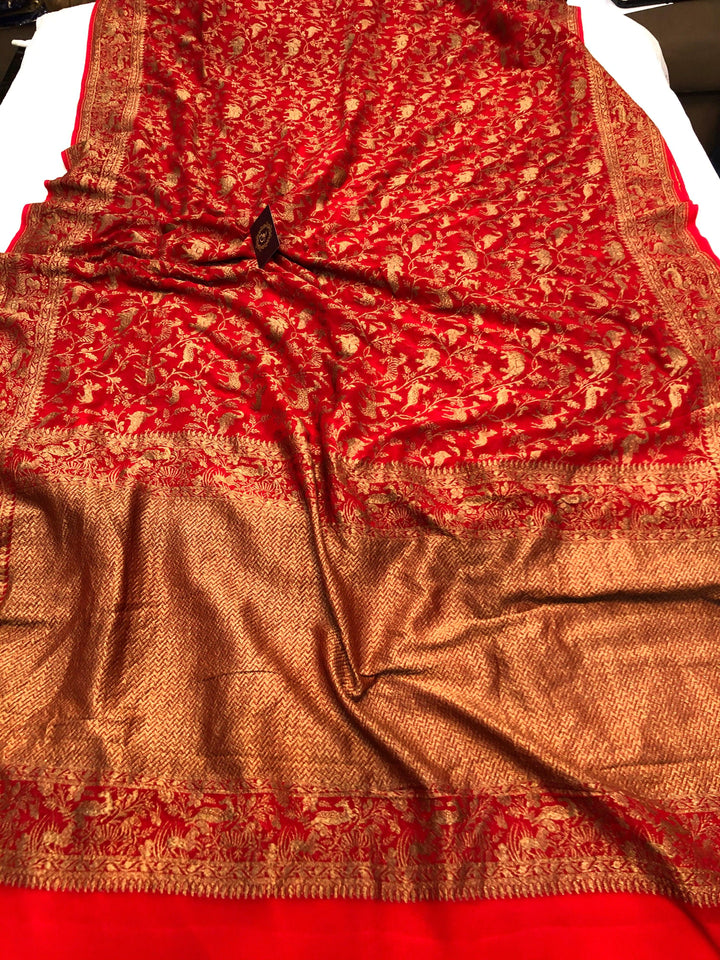 Red Banarasi Handloom Pure Khaddi Georgette Silk Saree - Aura Benaras