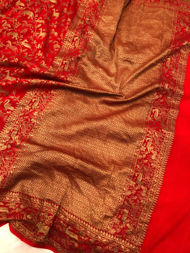Red Banarasi Handloom Pure Khaddi Georgette Silk Saree - Aura Benaras