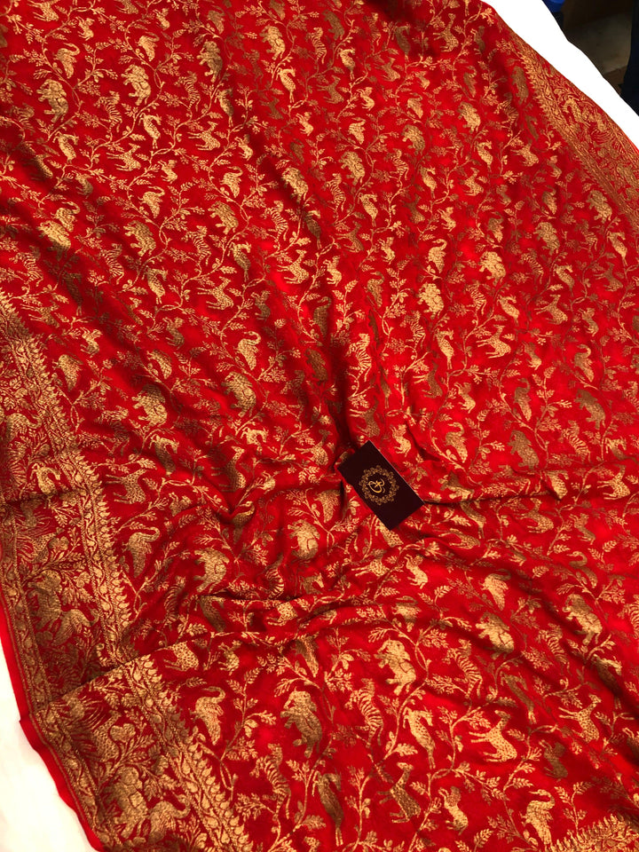 Red Banarasi Handloom Pure Khaddi Georgette Silk Saree - Aura Benaras