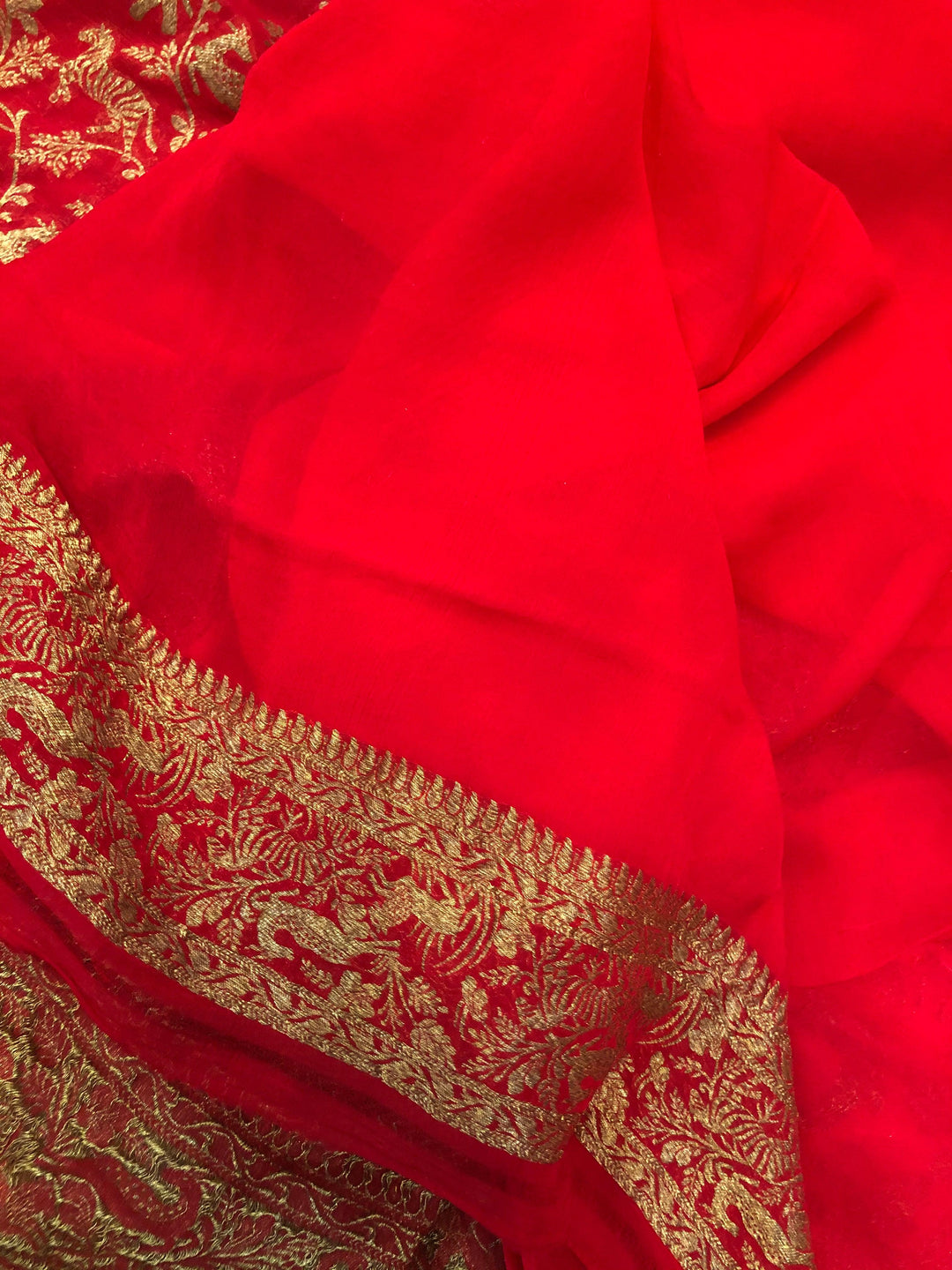 Red Banarasi Handloom Pure Khaddi Georgette Silk Saree - Aura Benaras