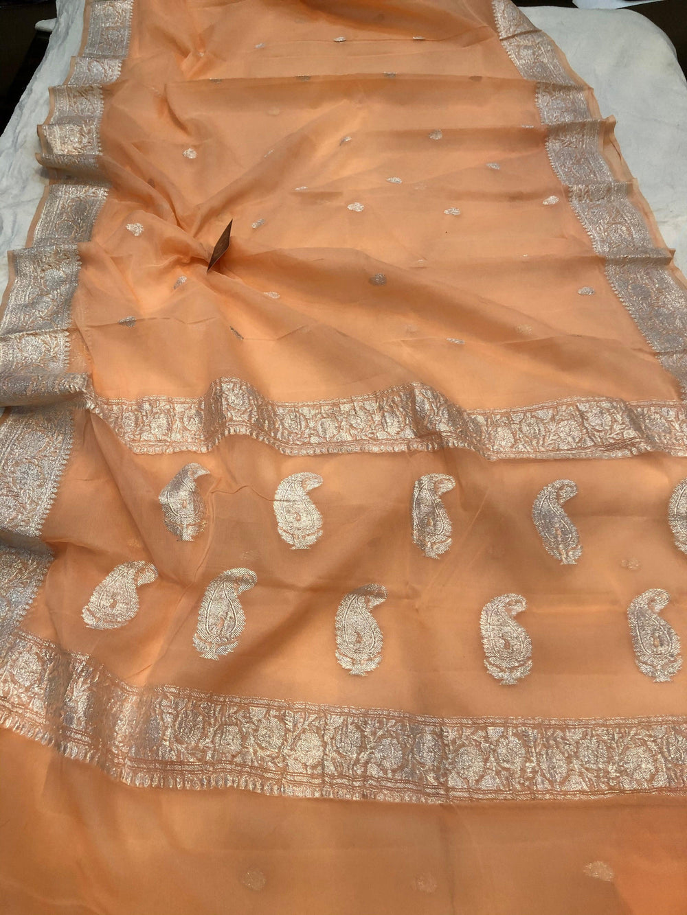 Peach Khaddi Chiffon Banarasi Handloom Saree - Aura Benaras