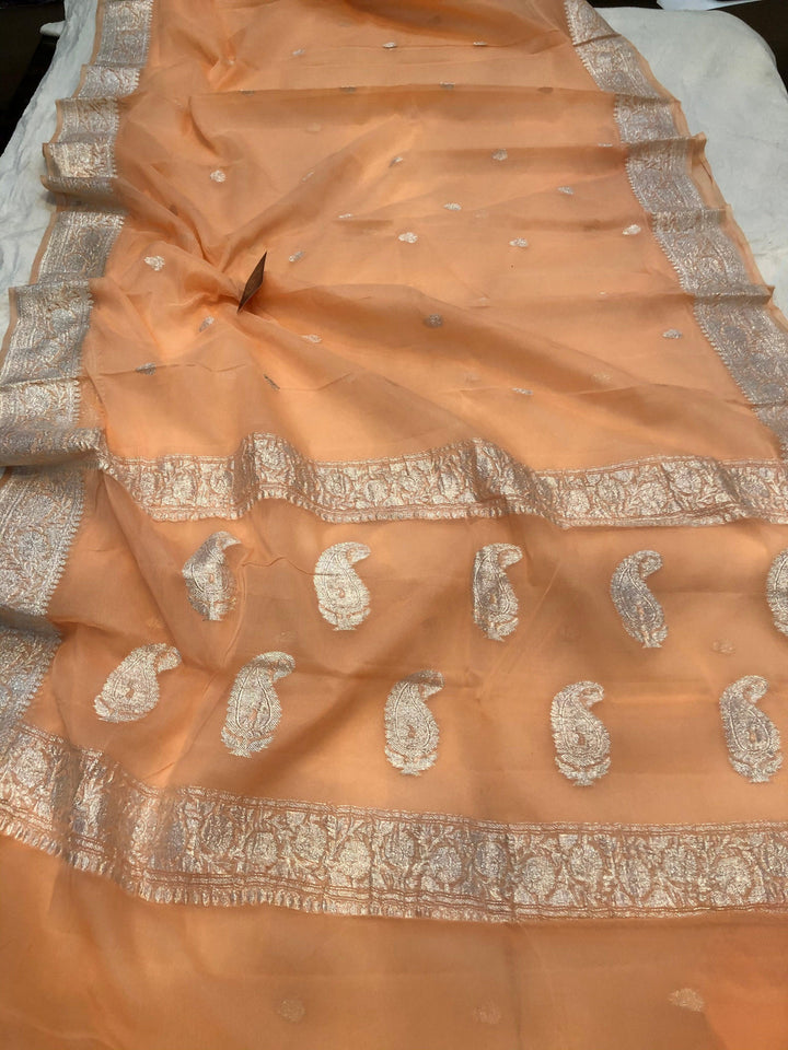 Peach Khaddi Chiffon Banarasi Handloom Saree - Aura Benaras