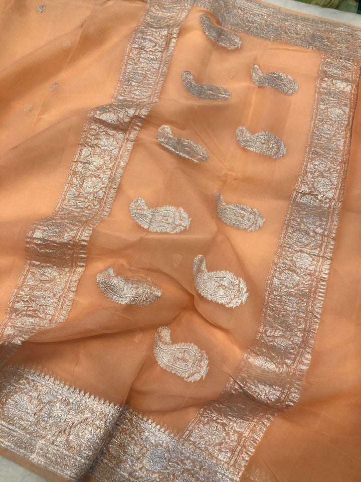 Peach Khaddi Chiffon Banarasi Handloom Saree - Aura Benaras