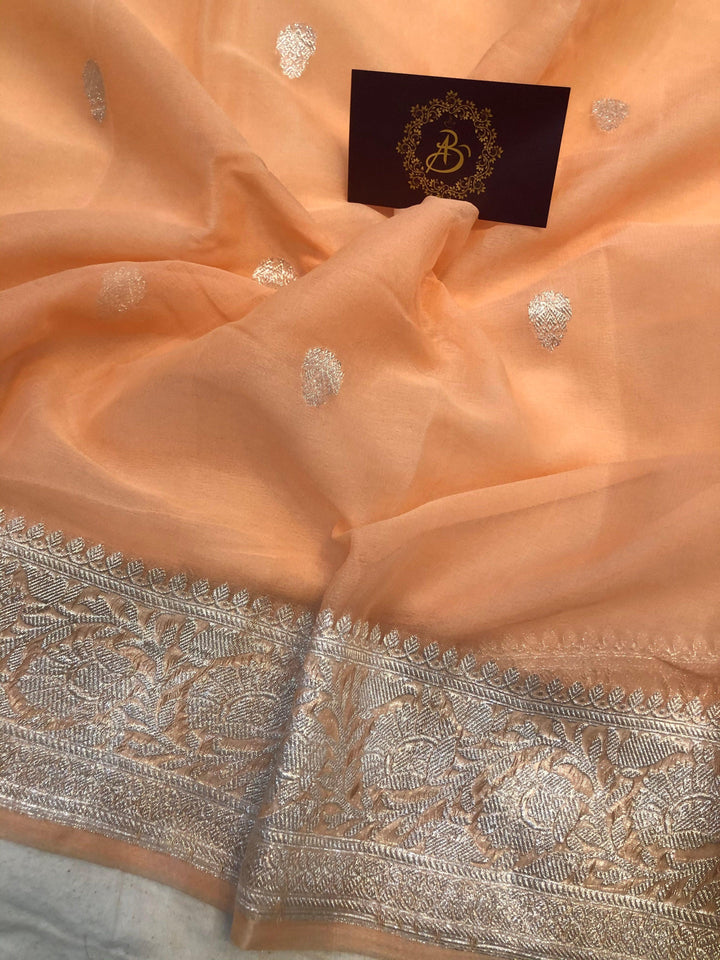 Peach Khaddi Chiffon Banarasi Handloom Saree - Aura Benaras