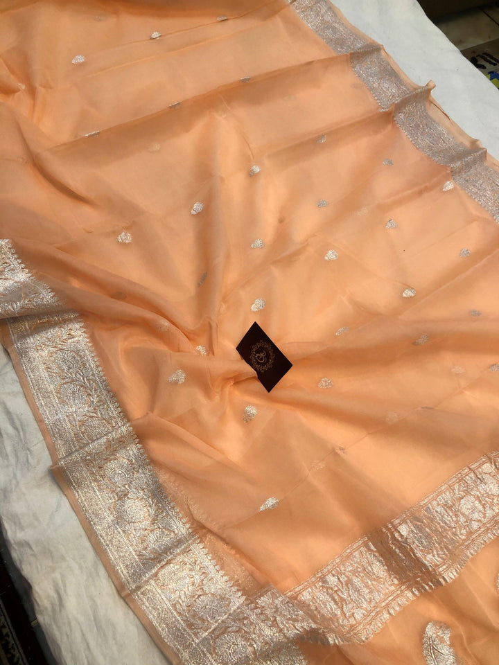 Peach Khaddi Chiffon Banarasi Handloom Saree - Aura Benaras