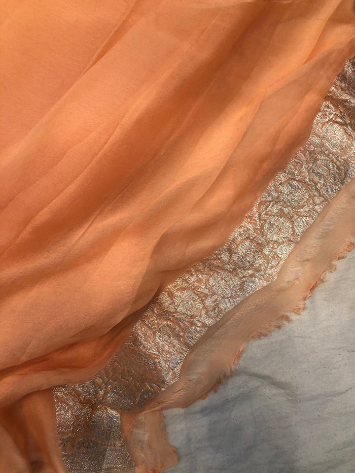 Peach Khaddi Chiffon Banarasi Handloom Saree - Aura Benaras