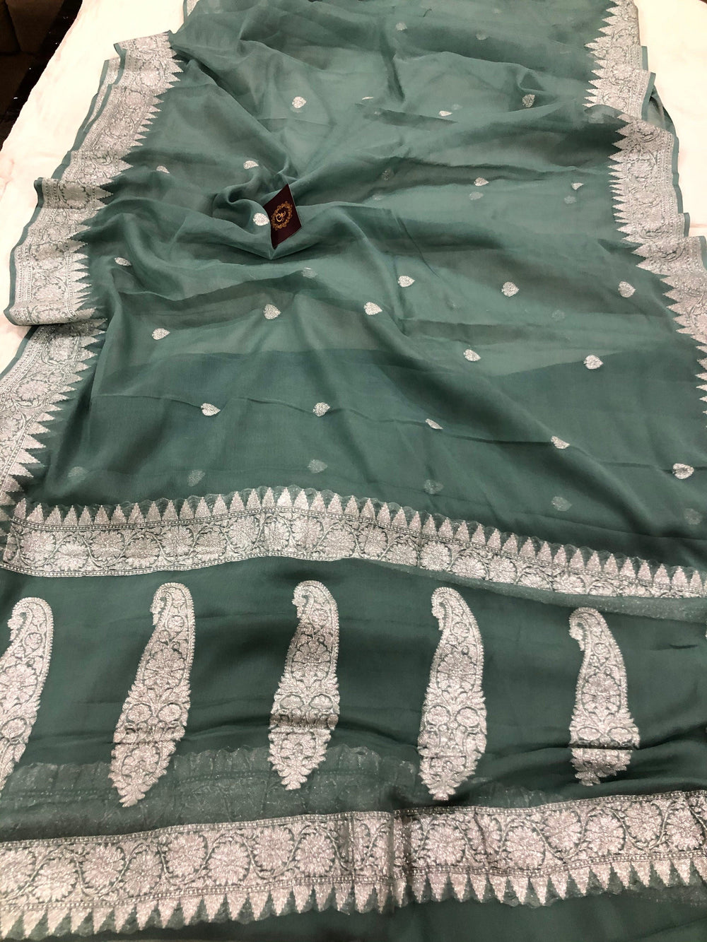 Greyish Green Khaddi Chiffon Banarasi Handloom Saree - Aura Benaras