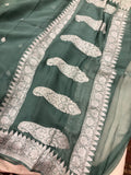 Greyish Green Khaddi Chiffon Banarasi Handloom Saree - Aura Benaras