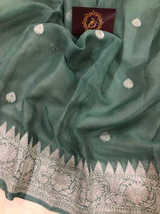 Greyish Green Khaddi Chiffon Banarasi Handloom Saree - Aura Benaras