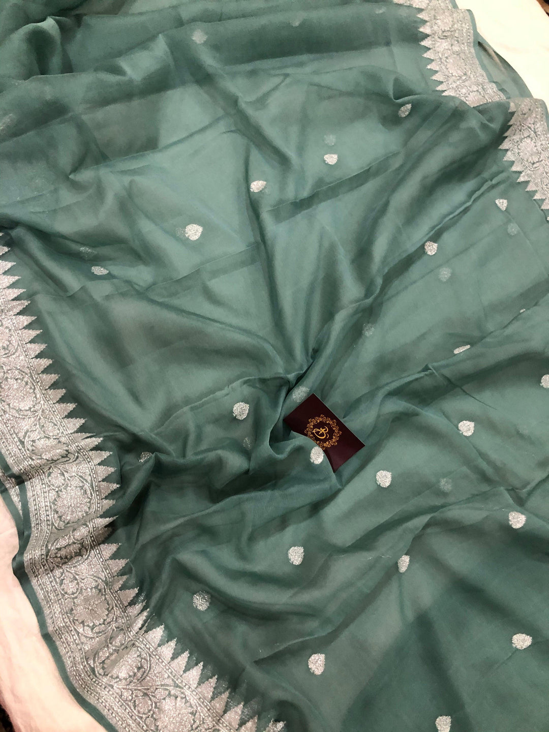 Greyish Green Khaddi Chiffon Banarasi Handloom Saree - Aura Benaras