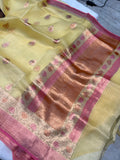 Pastel Yellow Banarasi Handloom Kora Silk Saree - Aura Benaras