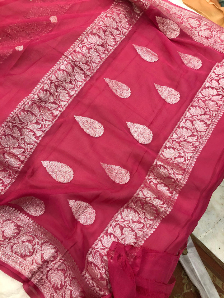 Rose Pink Khaddi Chiffon Banarasi Handloom Saree - Aura Benaras