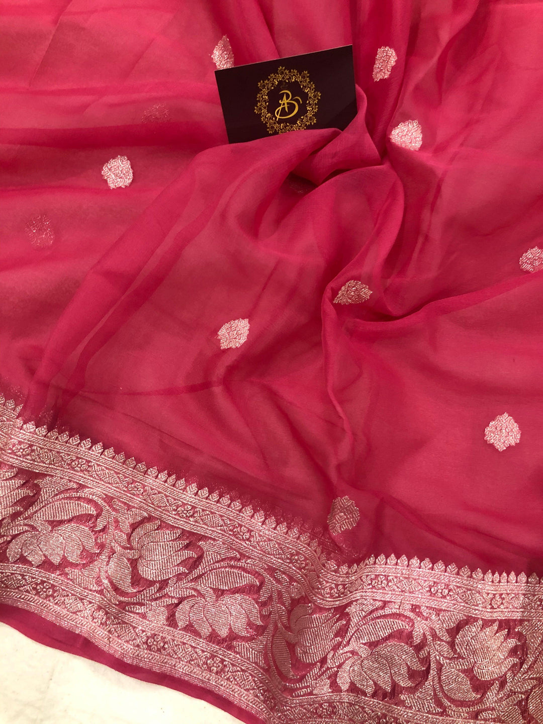 Rose Pink Khaddi Chiffon Banarasi Handloom Saree - Aura Benaras