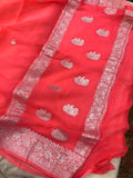 Orangish Pink Khaddi Chiffon Banarasi Handloom Saree - Aura Benaras