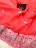 Orangish Pink Khaddi Chiffon Banarasi Handloom Saree - Aura Benaras