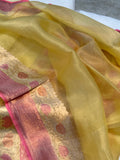 Pastel Yellow Banarasi Handloom Kora Silk Saree - Aura Benaras