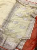 Off White Khaddi Chiffon Georgette Banarasi Handloom Silk Saree - Aura Benaras 