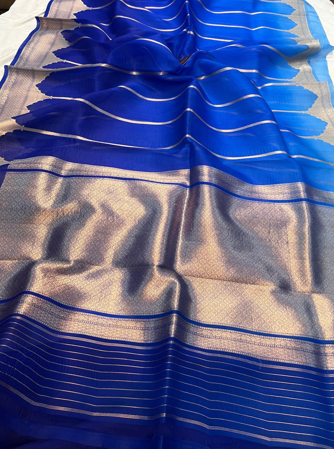 Blue Shaded Banarasi Handloom Kora Silk Saree - Aura Benaras