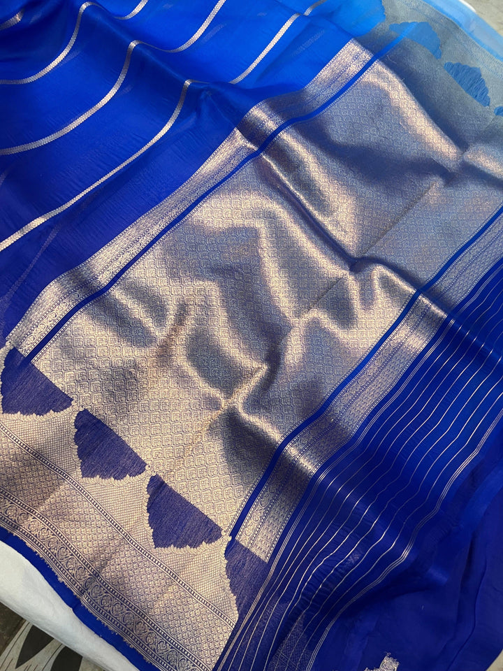 Blue Shaded Banarasi Handloom Kora Silk Saree - Aura Benaras