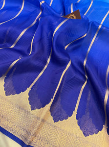 Blue Shaded Banarasi Handloom Kora Silk Saree - Aura Benaras