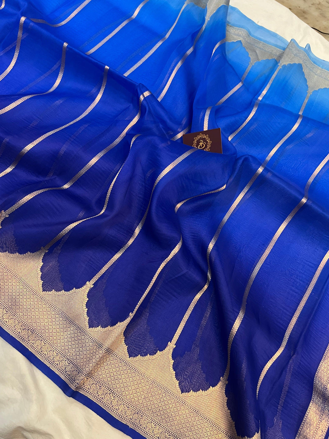 Blue Shaded Banarasi Handloom Kora Silk Saree - Aura Benaras