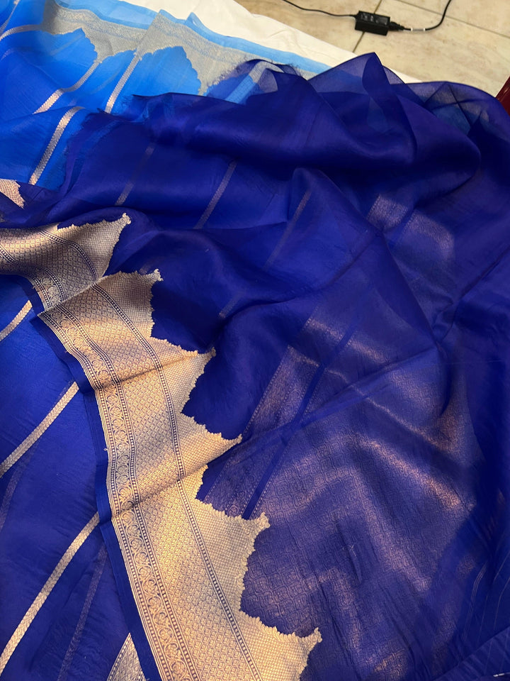 Blue Shaded Banarasi Handloom Kora Silk Saree - Aura Benaras