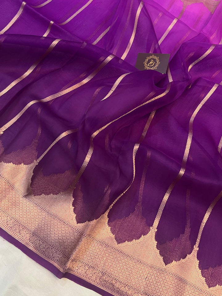 Purple Shaded Banarasi Handloom Kora Silk Saree - Aura Benaras