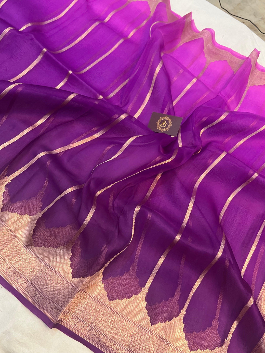Purple Shaded Banarasi Handloom Kora Silk Saree - Aura Benaras