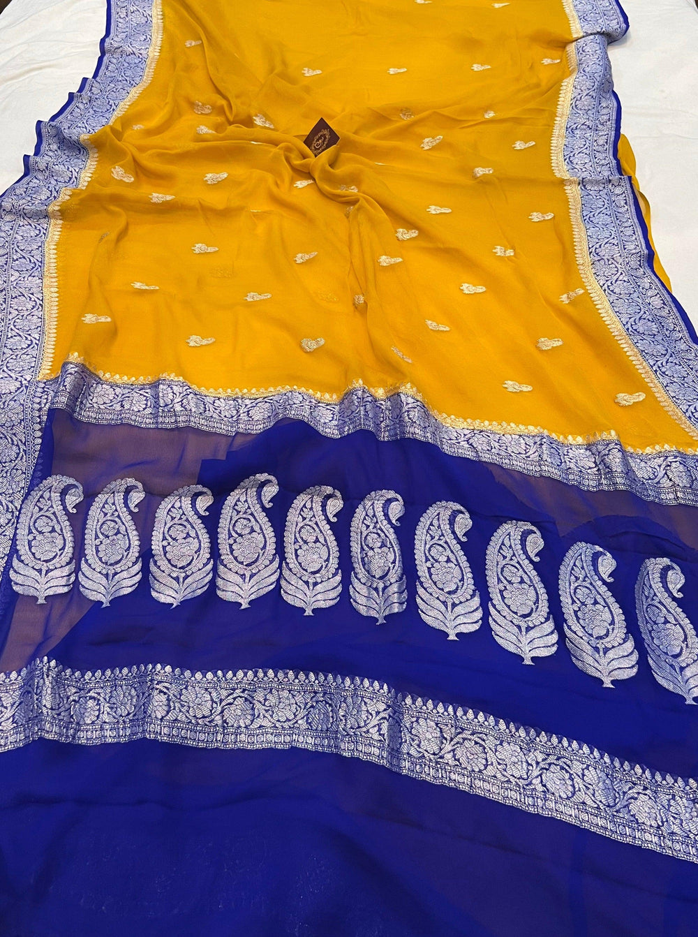 Mustard Yellow Khaddi Chiffon Banarasi Handloom Saree - Aura Benaras