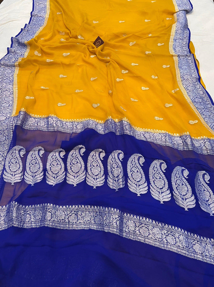 Mustard Yellow Khaddi Chiffon Banarasi Handloom Saree - Aura Benaras