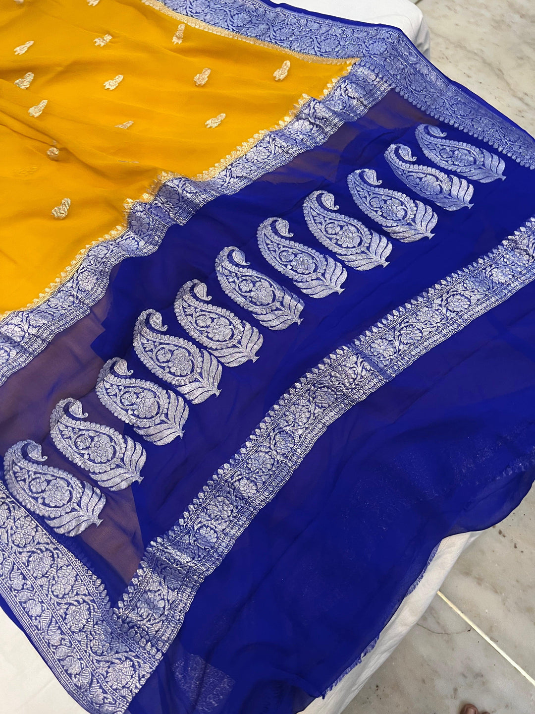 Mustard Yellow Khaddi Chiffon Banarasi Handloom Saree - Aura Benaras