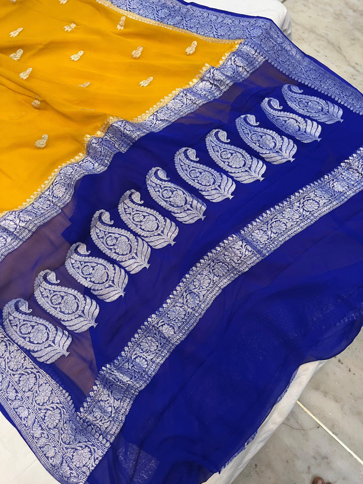 Mustard Yellow Khaddi Chiffon Banarasi Handloom Saree - Aura Benaras
