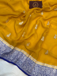 Mustard Yellow Khaddi Chiffon Banarasi Handloom Saree - Aura Benaras