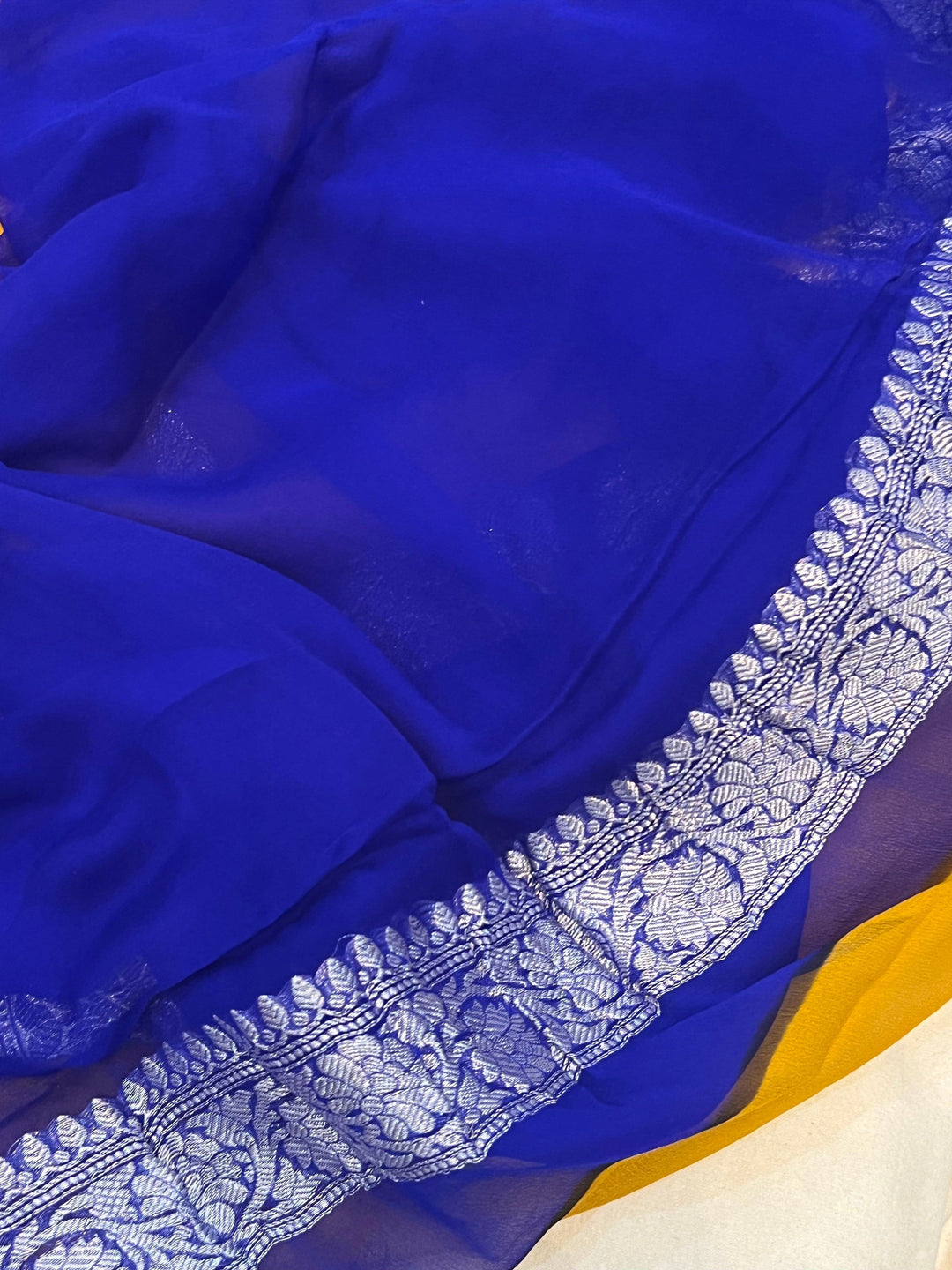 Mustard Yellow Khaddi Chiffon Banarasi Handloom Saree - Aura Benaras