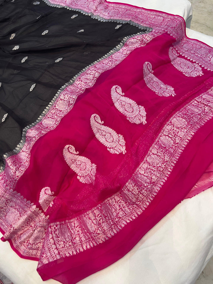 Black Khaddi Chiffon Banarasi Handloom Saree - Aura Benaras