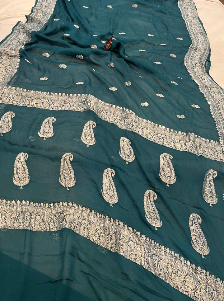 Teal Green Khaddi Chiffon Banarasi Handloom Saree - Aura Benaras