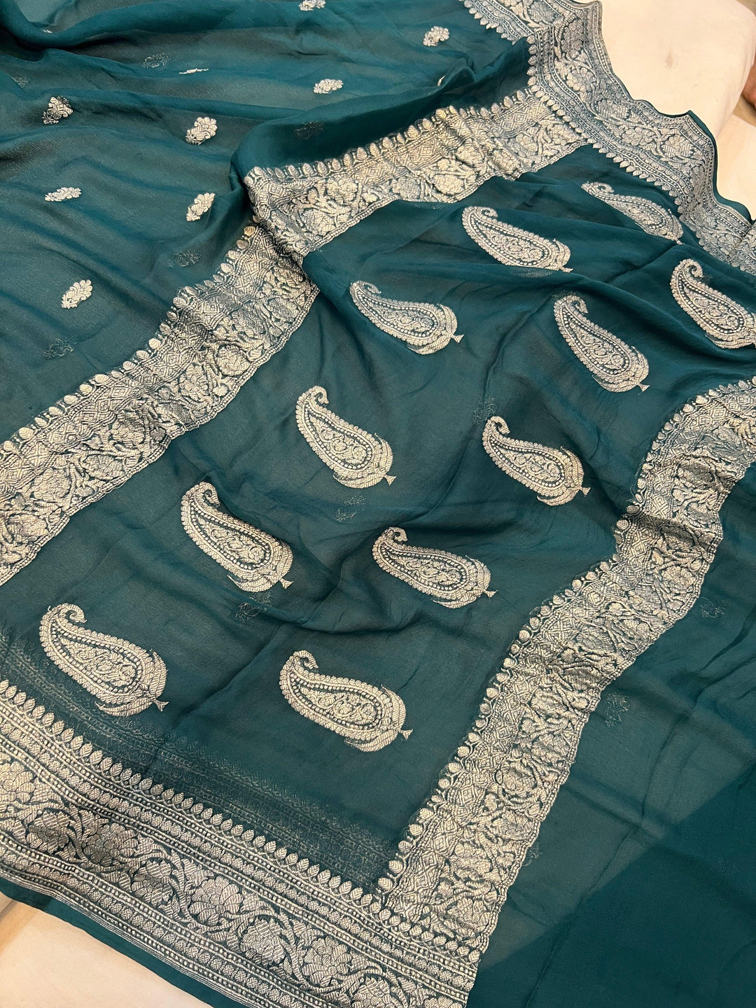 Teal Green Khaddi Chiffon Banarasi Handloom Saree - Aura Benaras