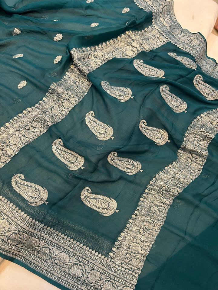 Teal Green Khaddi Chiffon Banarasi Handloom Saree - Aura Benaras