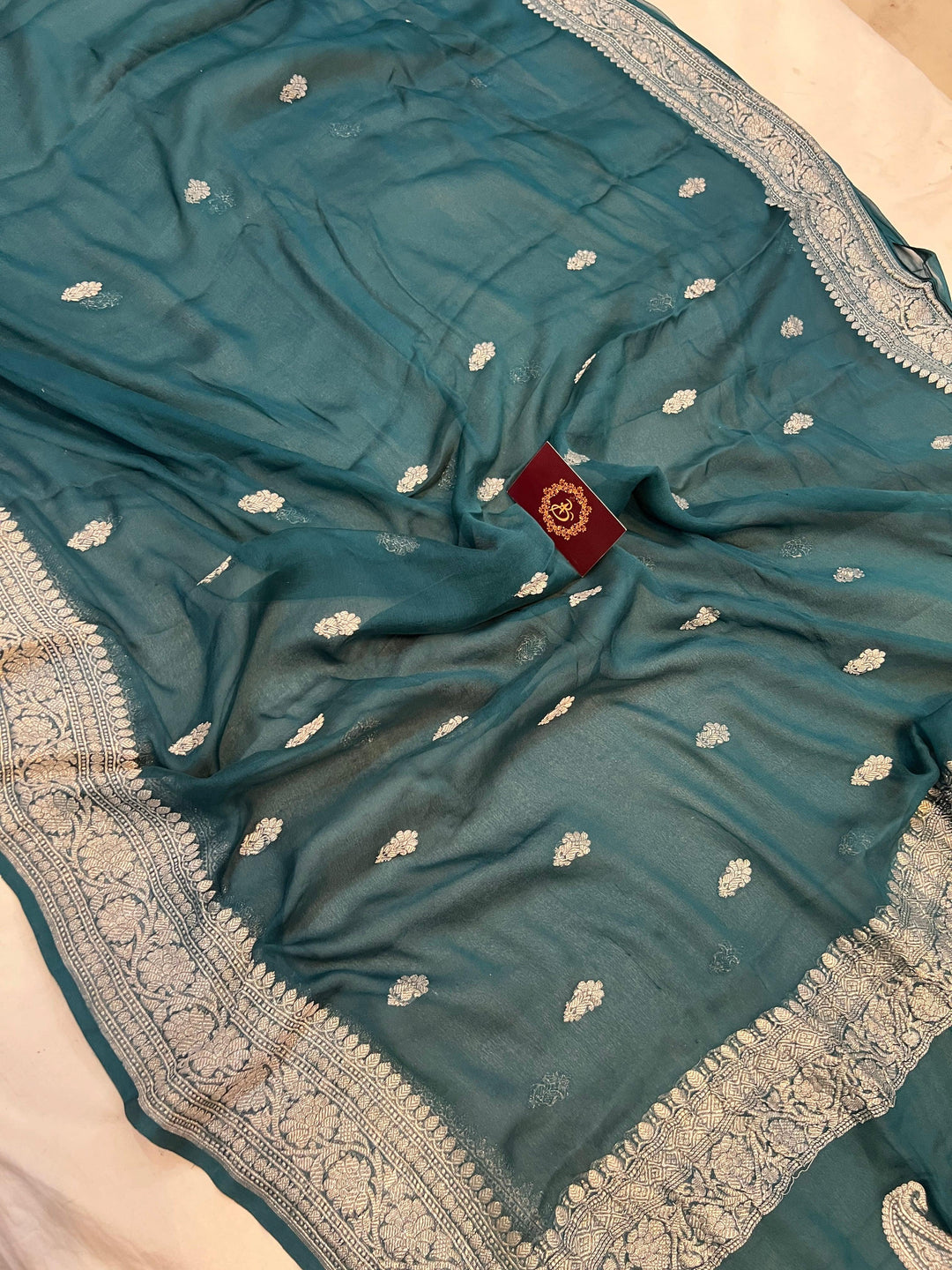 Teal Green Khaddi Chiffon Banarasi Handloom Saree - Aura Benaras