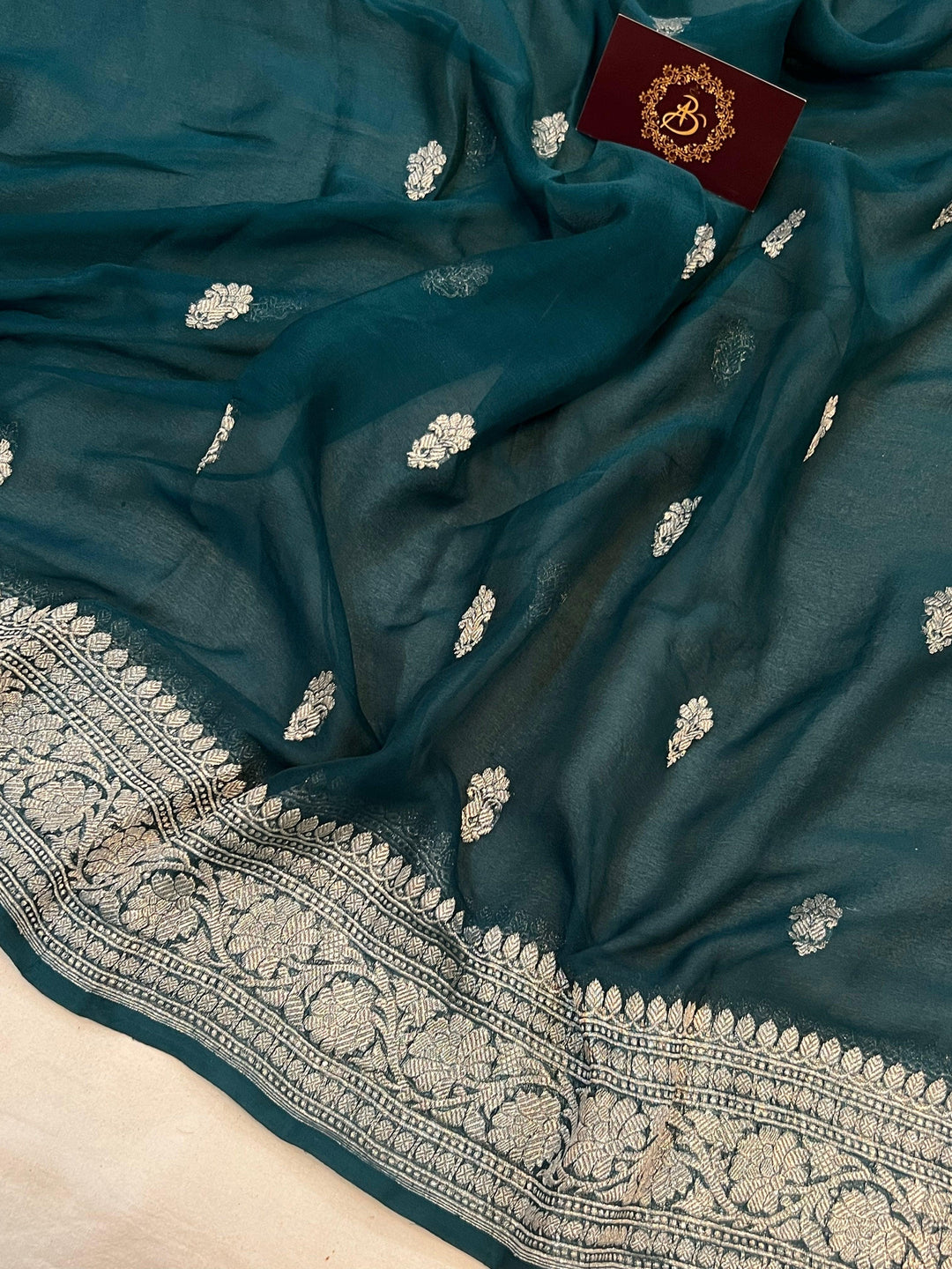 Teal Green Khaddi Chiffon Banarasi Handloom Saree - Aura Benaras