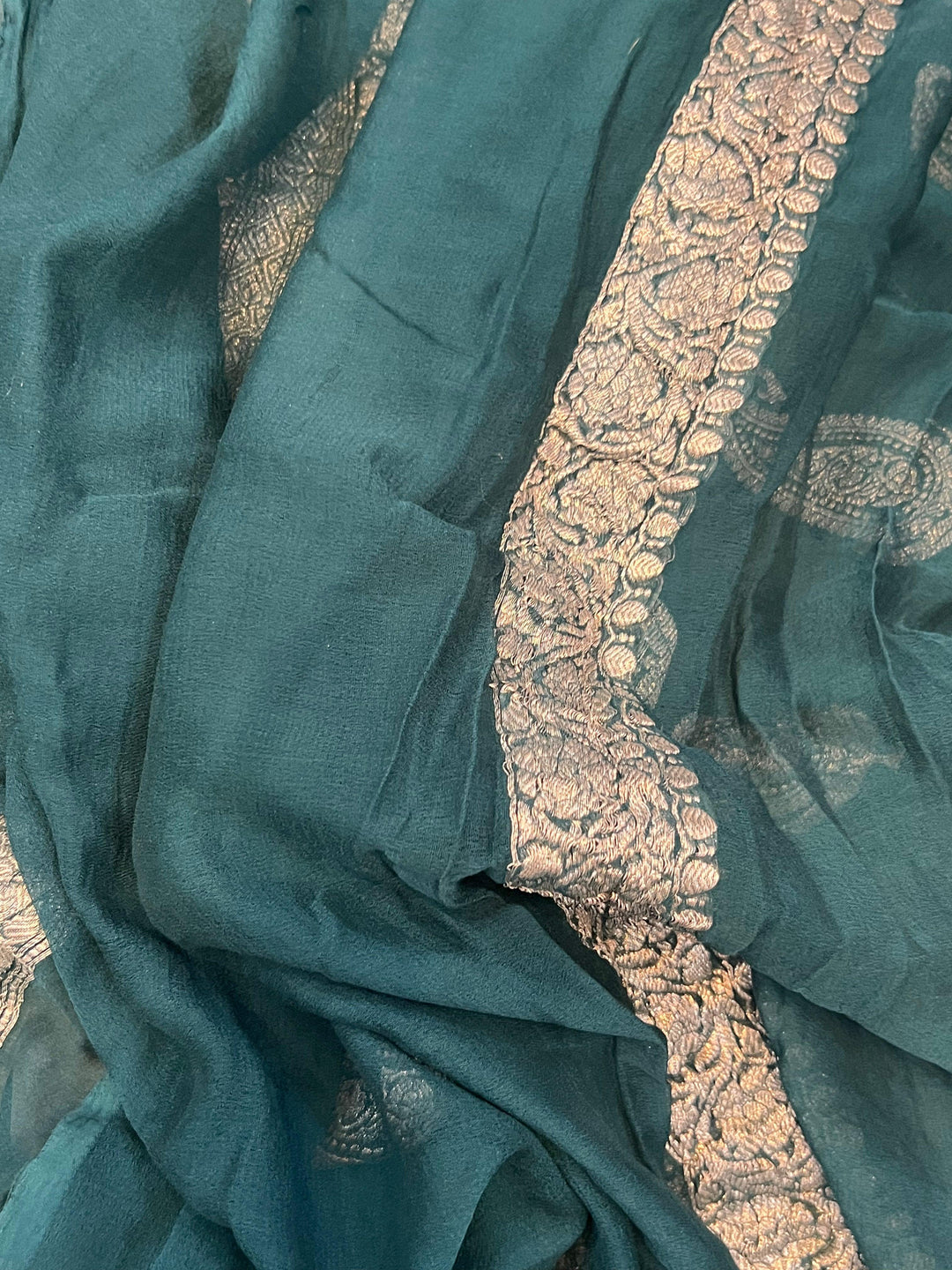 Teal Green Khaddi Chiffon Banarasi Handloom Saree - Aura Benaras
