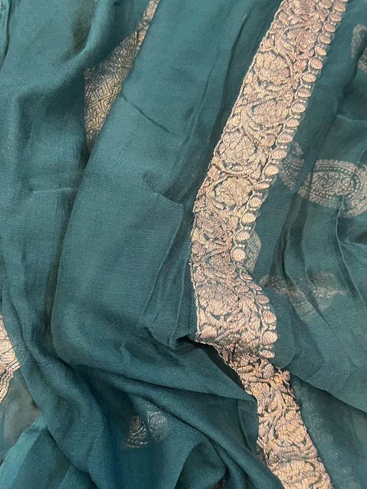 Teal Green Khaddi Chiffon Banarasi Handloom Saree - Aura Benaras