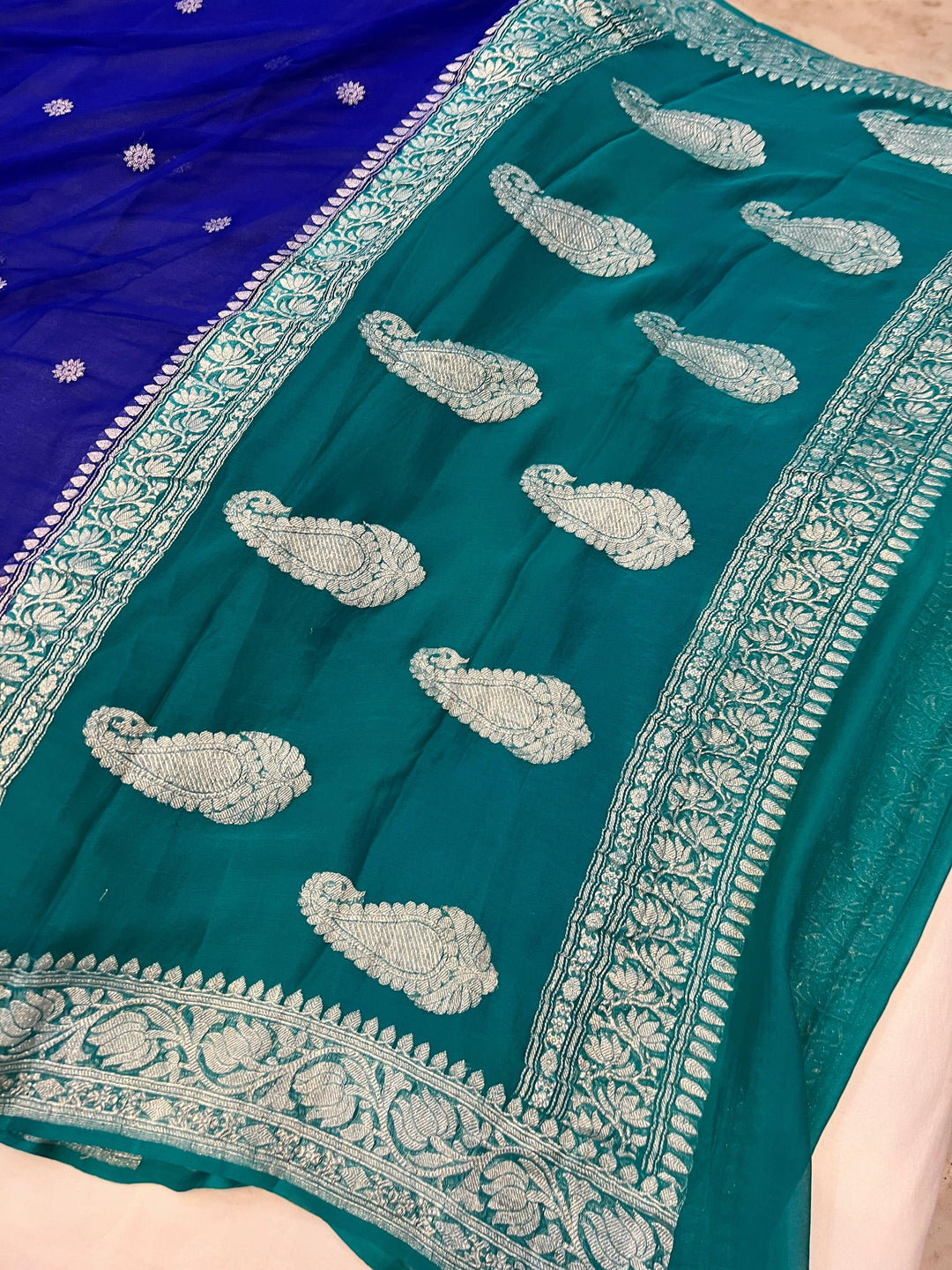 Blue Banarasi Handloom Pure Georgette Silk Saree - Aura Benaras