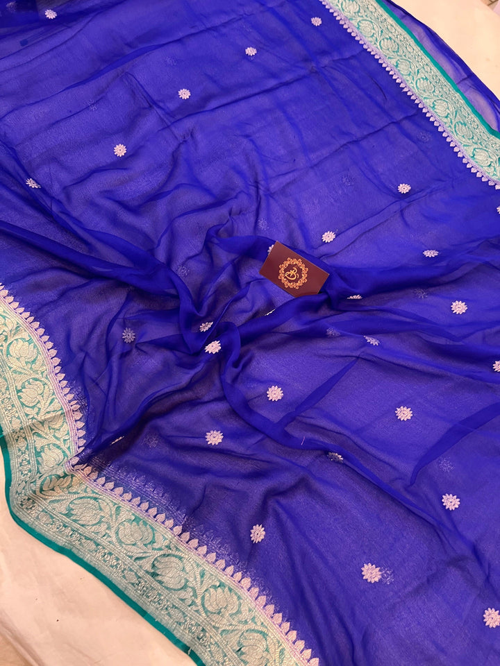 Blue Banarasi Handloom Pure Georgette Silk Saree - Aura Benaras