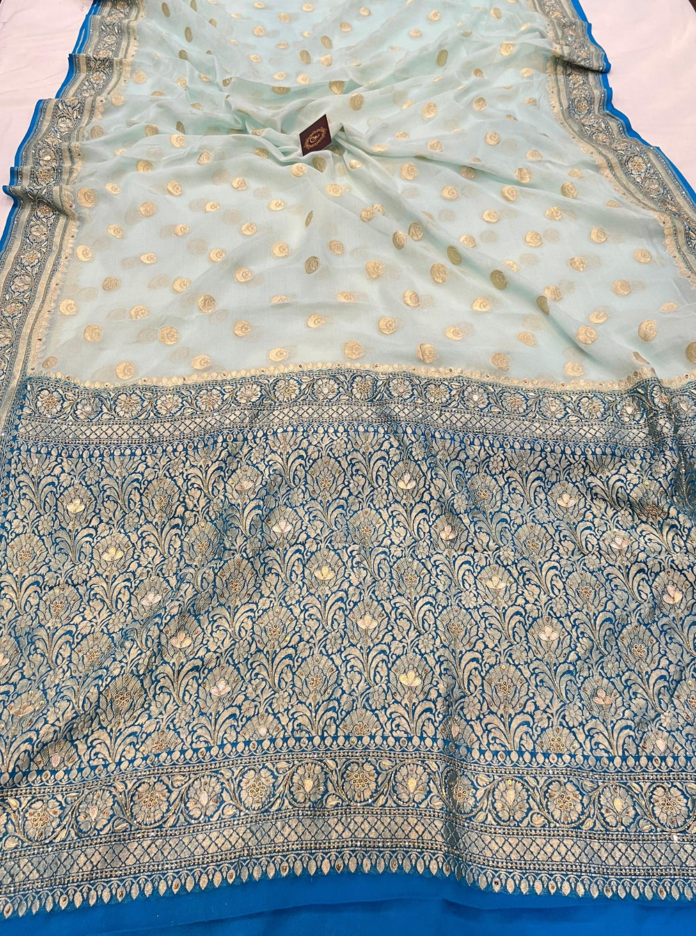 Blue Banarasi Handloom Pure Georgette Saree - Aura Benaras