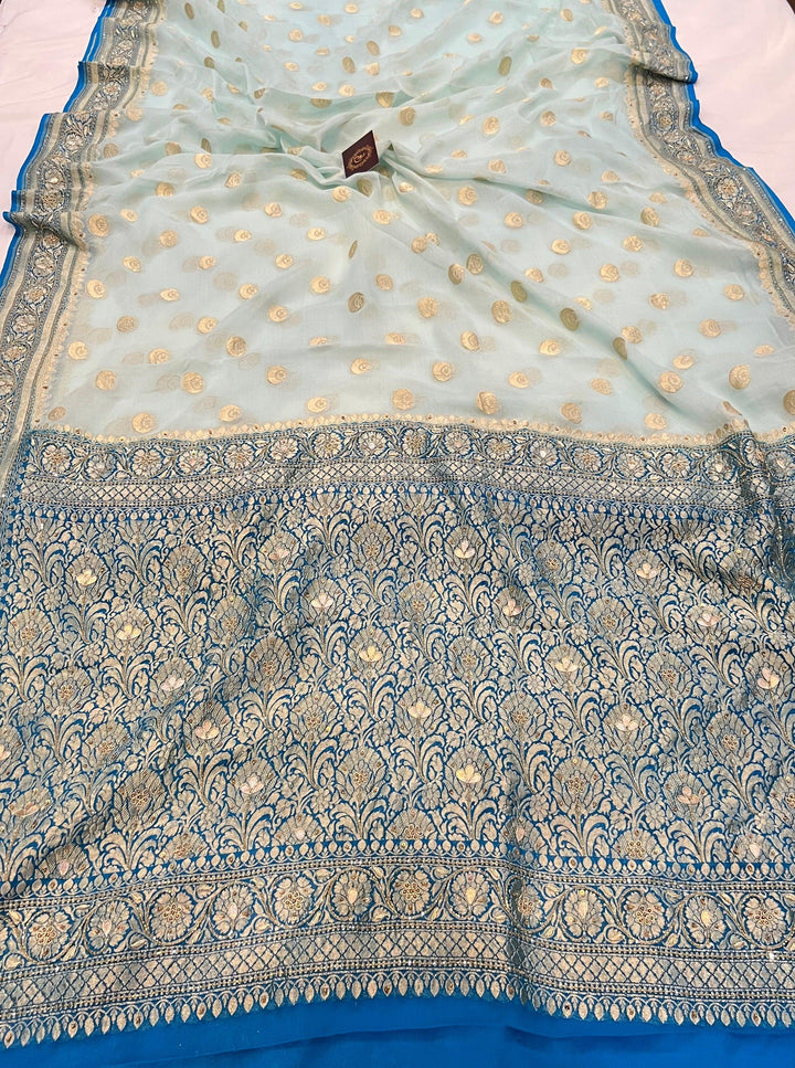 Blue Banarasi Handloom Pure Georgette Saree - Aura Benaras