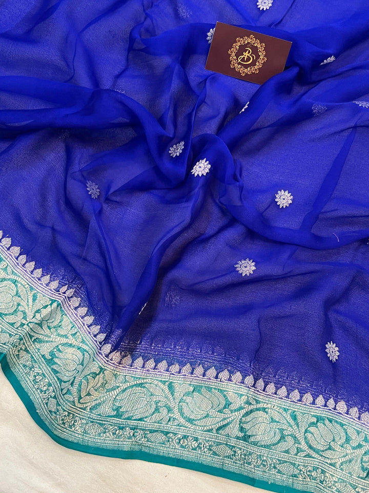 Blue Banarasi Handloom Pure Georgette Silk Saree - Aura Benaras