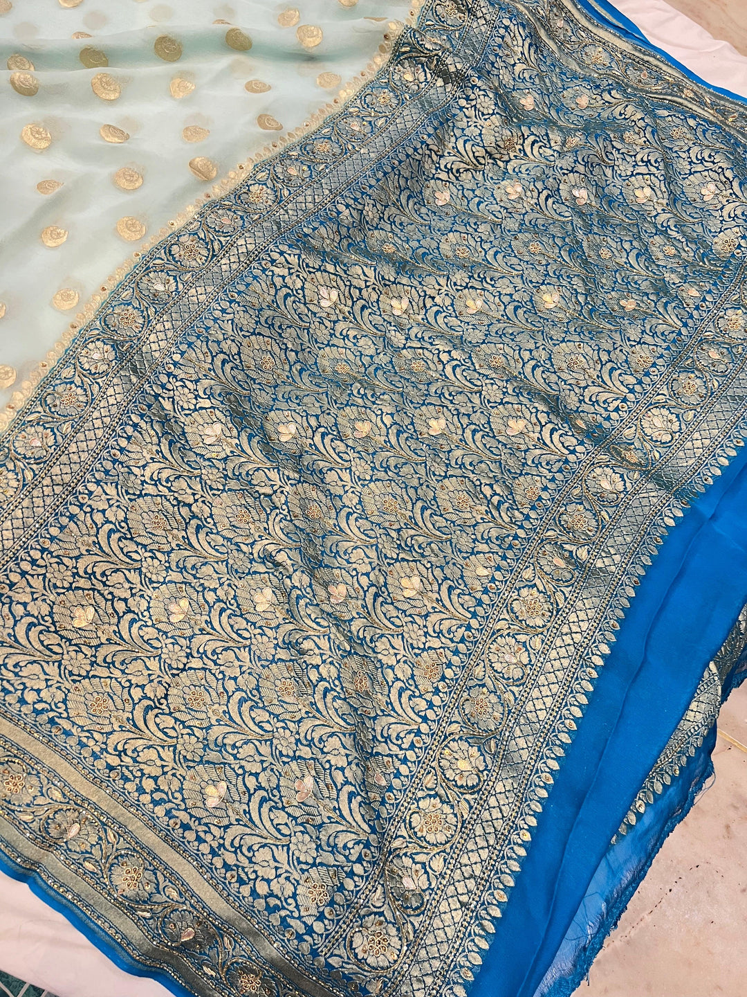 Blue Banarasi Handloom Pure Georgette Saree - Aura Benaras