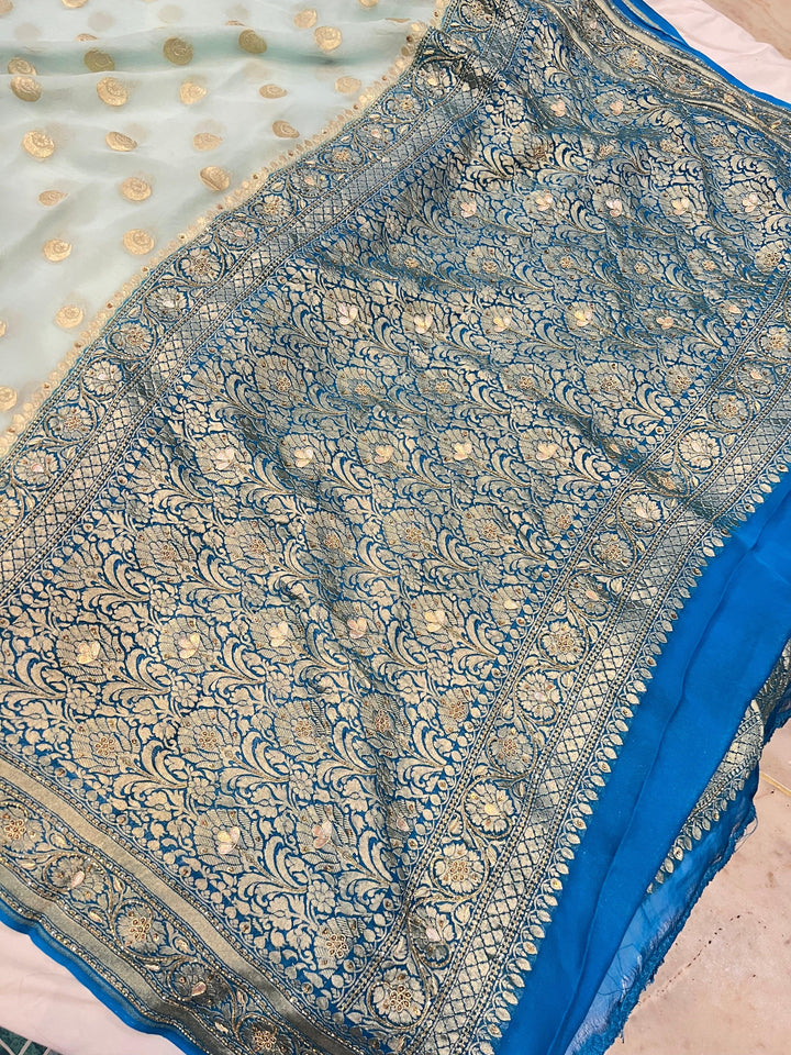 Blue Banarasi Handloom Pure Georgette Saree - Aura Benaras